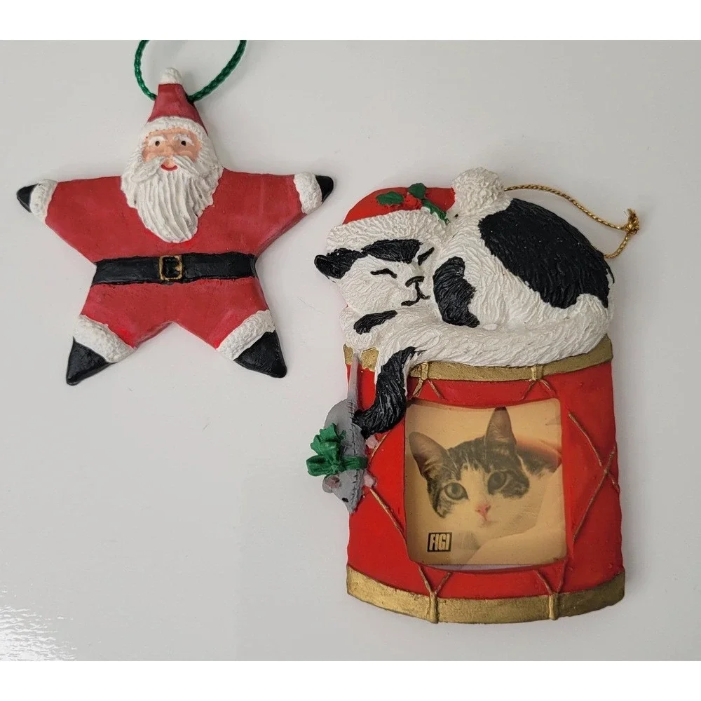 Vintage 1992 Star Santa &‎ Drum Kitten Photo Frame 1991 Christmas Ornaments Lot